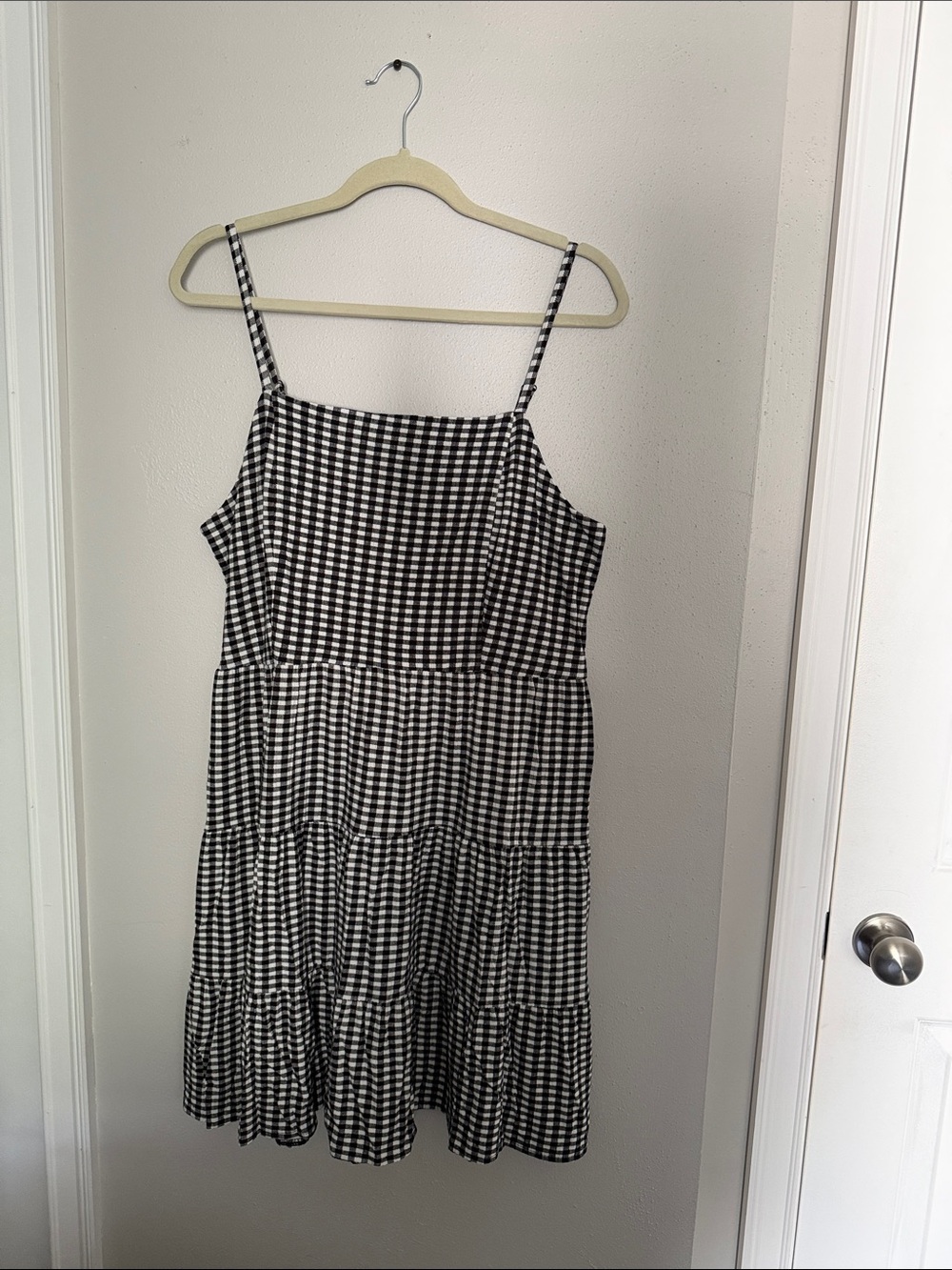 LOFT Black & White Gingham Tiered Spaghetti-Strap Mini Dress